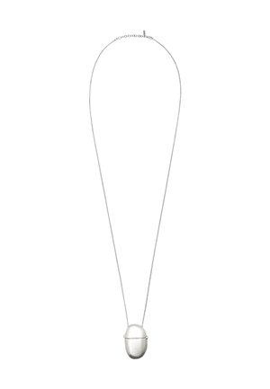 Collana d'argento con una catena sottile e un ciondolo a forma di ovale liscia, dotato di una piccola chiusura sul lato destro.