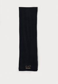 Svart stretchstoffskjerf med en jevn tekstur. Har et gull EA7-logo brodert i den ene enden. Ingen mønstre eller tilleggselementer.