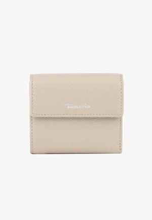 Beige textured leather wallet with flap closure and visible stitching, featuring small silver "Tamaris" logo on front center.
