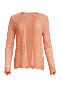 Leichter, offen gestrickter Cardigan in sanftem Korall, mit einer gewellten Saumkante und langen Ärmeln mit strukturierten Rautenmuster. Ohne Verschlussdetails.