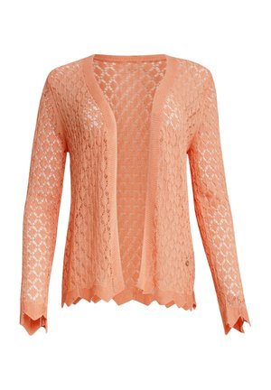 Leichter, offen gestrickter Cardigan in sanftem Korall, mit einer gewellten Saumkante und langen Ärmeln mit strukturierten Rautenmuster. Ohne Verschlussdetails.