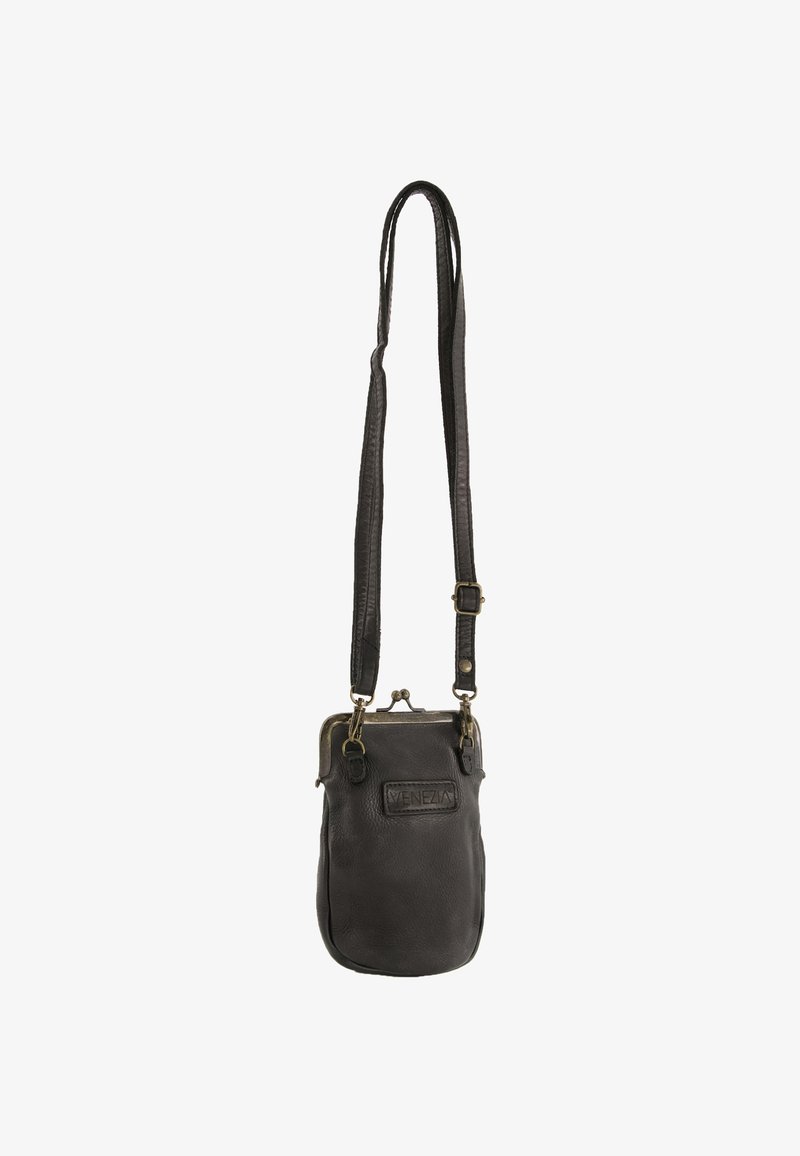 Black leather crossbody bag with a textured surface, gold-tone hardware, and a clasp closure. Features an adjustable strap and logo detail.