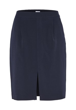 Falda lápiz azul marino con corte recto, cinturilla elástica y una abertura frontal. Confeccionada en una tela suave con un ligero brillo, sin patrones.