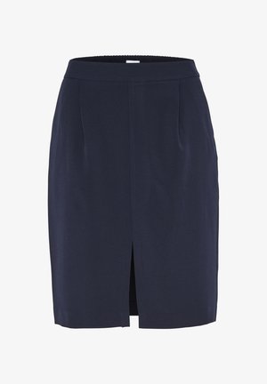 Mørkeblå blyantskirt med lige snit, elastisk talje og slidse foran. Fremstillet af et glat stof med subtil glans, uden mønstre.