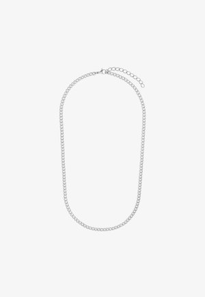 Silberne Kettenhalskette mit flachem, glattem Design und ineinandergreifenden Gliedern sowie einem Karabinerverschluss, anpassbar mit einer kleinen Kettenverlängerung.