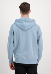 Felpa blu chiaro con cappuccio ampio, polsini e orlo a coste, e una texture morbida, mostrata di schiena.