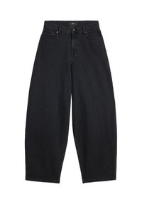 Czarne szerokie spodnie dżinsowe z wysokim stanem, z pojedynczym górnym guzikiem, suwakiem i kontrastowymi przeszyciami. Gładka faktura, bez wzorów.