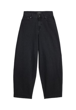 Zwarte denim wijde broek met hoge taille, voorzien van een enkele bovenste knoop, ritssluiting en contrasterende stiksels. Soepele textuur, zonder patronen.