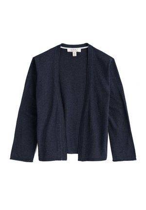 Marineblauwe gebreide cardigan met een open voorkant, lange mouwen en geribbelde randen. Zachte textuur en eenvoudig ontwerp. Geen sluitingen.
