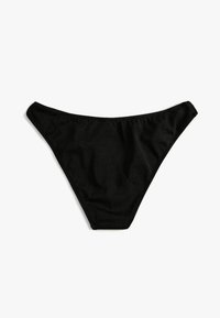 Svart bikinitrosa tillverkad av mjukt tyg, med en minimalistisk design, låg midja och medelhög täckning, utan mönster eller detaljer.