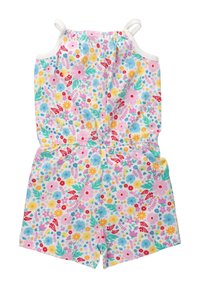 Kombinezon w kwiatowy wzór z regulowanymi ramiączkami, ozdobiony kolorowymi kwiatami na jasnoróżowym tle i elastycznym pasem w talii.