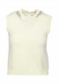 Top senza maniche color crema con collo alto, caratterizzato da scintillanti dettagli di perline attorno al colletto e un design a chiave sul retro.