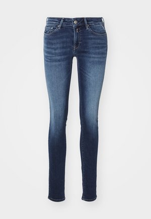 Schmal geschnittene Jeans in tiefblauem Denim mit einer ausgewaschenen Optik, ausgestattet mit einem Fünf-Taschen-Design, Metallknopf und Reißverschluss.