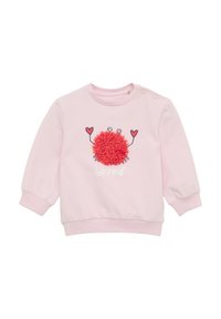 Jasnoróżowy sweatshirt z okrągłym, czerwonym, wypukłym wzorem na środku, z serduszkami i napisem "Kochany" w białym kolorze. Zapięcia na napy na ramieniu.