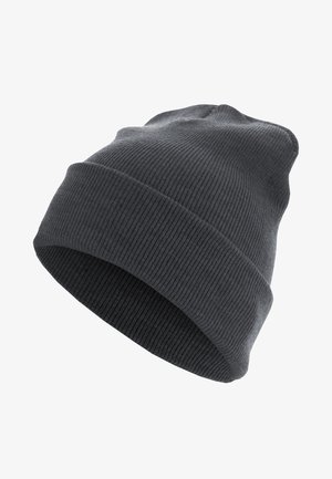 Grijze gebreide beanie met een geribbelde textuur. Zachte stof, opgerolde manchette en een slouchy ontwerp voor een ontspannen pasvorm.