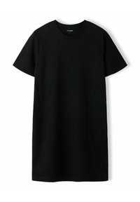 T-shirt noir à manches courtes avec col rond, coupe normale et design uni, présenté sur fond blanc.