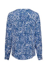 Camicia a maniche lunghe con un motivo a strisce astratte blu e bianche, realizzata in tessuto leggero, con scollatura rotonda e dettaglio di cucitura sul retro.