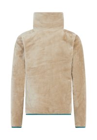 Beige fleecetrui met hoge kraag, zachte textuur, lange mouwen en blauwe afwerking bij de boorden en de zoom. Achteraanzicht zonder zakken.