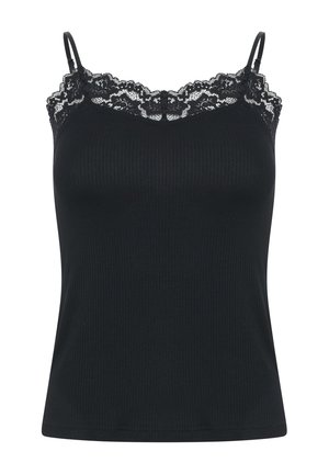 Zwarte geribbelde camisole met verstelbare bandjes en kantafwerking langs de halslijn. Zachte textuur, aansluitend ontwerp en middellange snit.