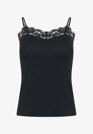 Camisole nera a costine con spalline regolabili e pizzo lungo il colletto. Tessuto morbido, design aderente e taglio di lunghezza media.