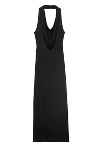Vestido negro sin mangas con un frente drapeado, silueta larga, textura suave y diseño de cuello halter. Sin patrones visibles ni herrajes.