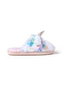 Pantufla difusa con un upper textil suave y multicolor, suela rosa y un acento decorativo de cuerno brillante. Forma redondeada para mayor comodidad.