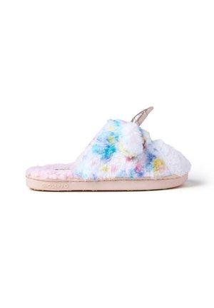 Pantufla difusa con un upper textil suave y multicolor, suela rosa y un acento decorativo de cuerno brillante. Forma redondeada para mayor comodidad.