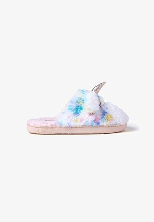 Pantufla difusa con un upper textil suave y multicolor, suela rosa y un acento decorativo de cuerno brillante. Forma redondeada para mayor comodidad.