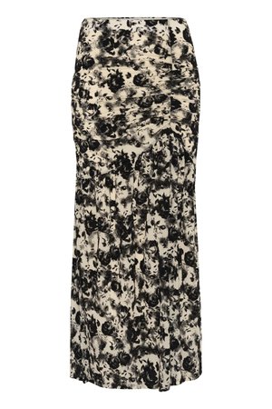 Saia maxi com estampa floral em preto e branco, feita de tecido suave, apresentando uma cintura ajustada e detalhes plissados para uma silhueta fluida.