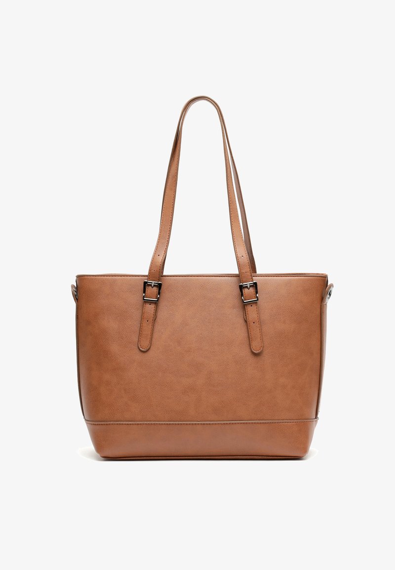 Sac fourre-tout en simili cuir marron avec deux anses, forme rectangulaire, texture lisse et accents de boucles sur les anses.