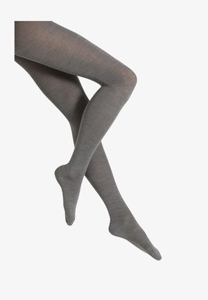 Pantys grises opacas con una textura suave, que presentan un color sólido y son de longitud completa, estrechándose hasta un puntero reforzado.