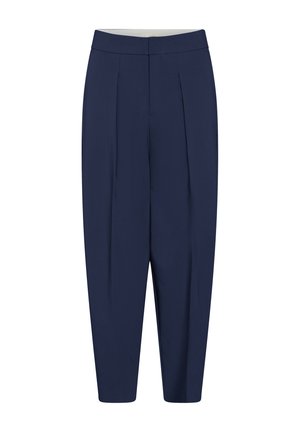 Pantaloni croiți de culoare bleumarin, cu pliuri frontale, tăietură dreaptă a picioarelor și talie medie cu închidere ascunsă.