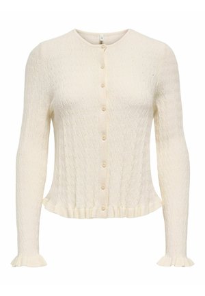 Cardigan en tricot de couleur crème, manches longues, boutonné sur le devant, motif zigzag texturé, avec volants aux poignets et à l'ourlet.