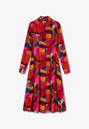 Knopenjurk van stof met een kleurrijk abstract patroon in rode, roze, groene en blauwe tinten; lange mouwen en kraagontwerp.