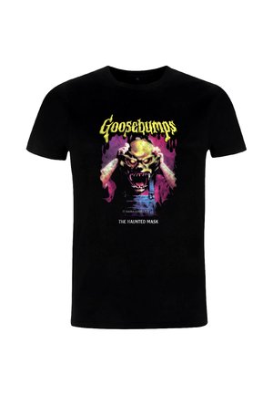 Black cotton t-shirt featuring a graphic of a green monster with fangs, hands on its head, and yellow "Goosebumps" text above.