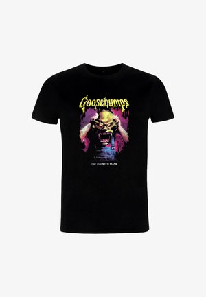 Czarny bawełniany t-shirt z grafiką zielonego potwora z kłami, trzymającego się za głowę, z żółtym napisem "Goosebumps" nad nim.