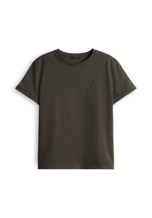 Dunkel olivegrünes Kurzarm-T-Shirt mit rundem Halsausschnitt und kleinem, herzförmigem, gesticktem Logo auf der linken Brust.