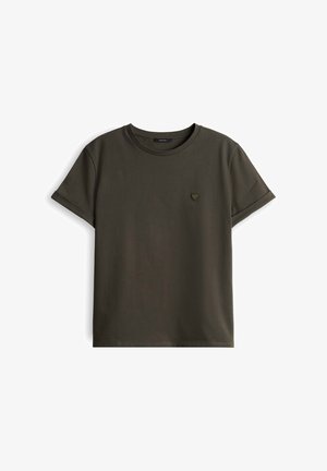 Dunkel olivegrünes Kurzarm-T-Shirt mit rundem Halsausschnitt und kleinem, herzförmigem, gesticktem Logo auf der linken Brust.