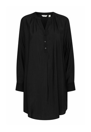 Black, long-sleeve shirt with a V-neckline, button closure, and gathered detail at the shoulders. Smooth fabric with a relaxed fit.