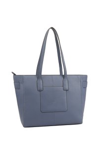 Blauwe leren shopper met twee lange handvatten, rechthoekige vorm, voorvakdetail en een gladde textuur. Simpel en functioneel ontwerp.