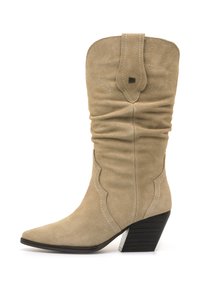 Beige Wildleder-Stiefel im Western-Stil mit einer spitzen Zehe, gerafftem Schaft und dekorativen Nähten, ausgestattet mit einem gestuften Absatz und silbernen Akzenten.
