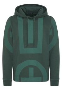 Felpa verde con cappuccio caratterizzata da un ampio motivo geometrico verde scuro, cordini al collo e polsini a costine sulle maniche.