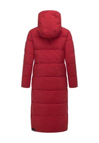 Long red puffer coat with a hood, featuring horizontal stitching, long sleeves, and a side slit. Made of smooth, insulated material.