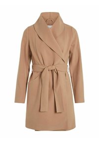 Manteau cache-cœur beige avec manches longues, col châle, poches latérales et ceinture à nouer. Tissu doux et texturé avec une finition lisse.