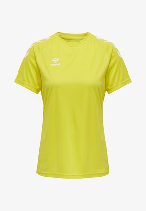 Maglietta sportiva gialla a maniche corte, colletto tondo e dettagli bianchi sulle spalle. Presenta un logo sul petto.