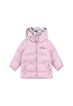 Giacca a puffo rosa con cappuccio, chiusura con zip, tasche frontali e fodera interna con motivo. Presenta un logo del marchio sul davanti.