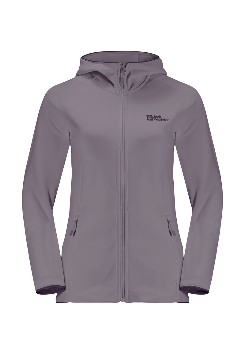 Giacca softshell lilla chiara con zip frontale, cappuccio e due tasche laterali. Presenta un logo sul petto sinistro e una texture liscia.