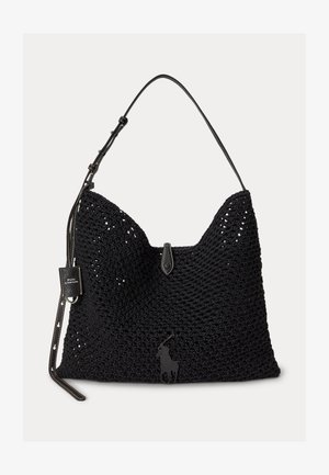 Schwarze gewebte Schultertasche mit Lederriemen, Knebelverschluss und Polo Ralph Lauren-Logo, das mittig auf der Vorderseite geprägt ist.