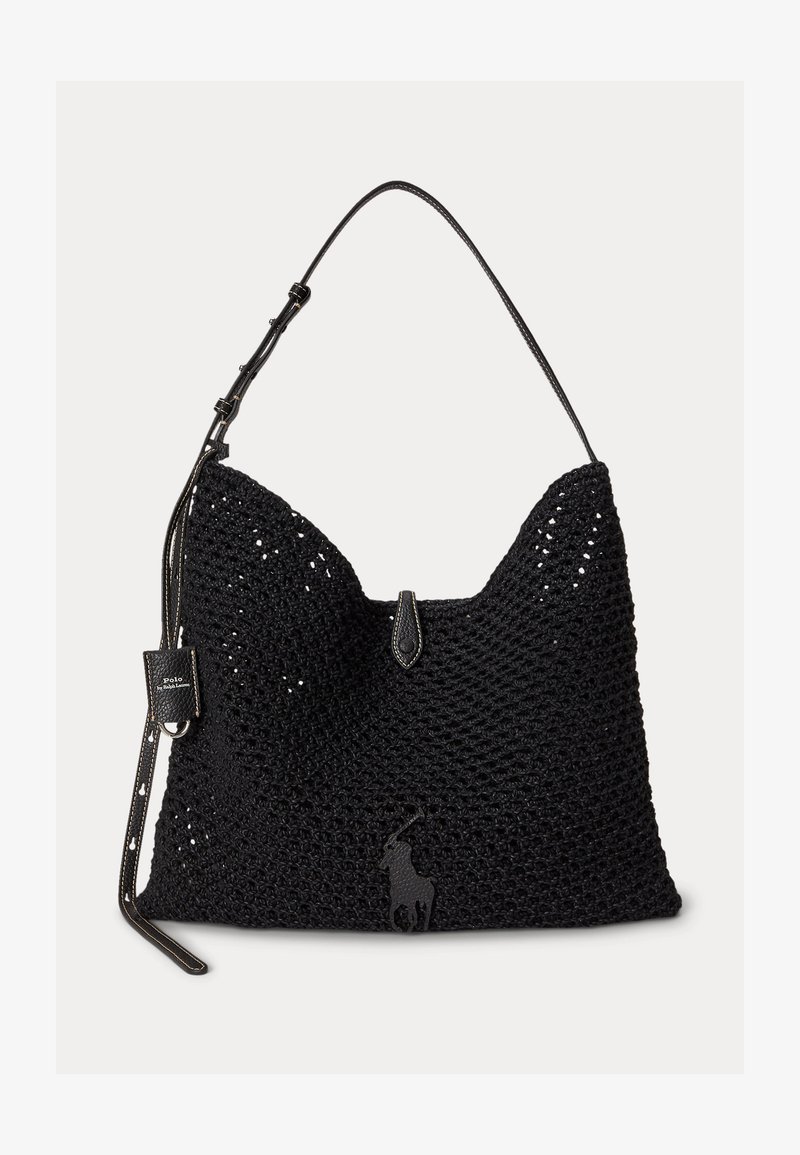 Fekete szövött válltáska bőrszíjjal, kapcsos záródással, és a Polo Ralph Lauren logóval, amely a táska elülső közepén van domborítva.