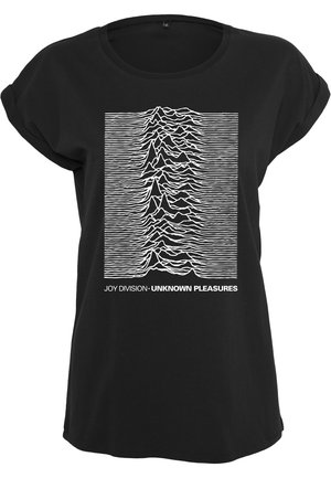 Zwarte T-shirt met een losse pasvorm, voorzien van witte grafische lijnen die geluidsgolven weergeven en de tekst "JOY DIVISION - UNKNOWN PLEASURES."